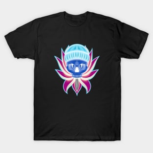 Blue and Pink Neon Skull with Hat in Lotus flower T-Shirt T-Shirt